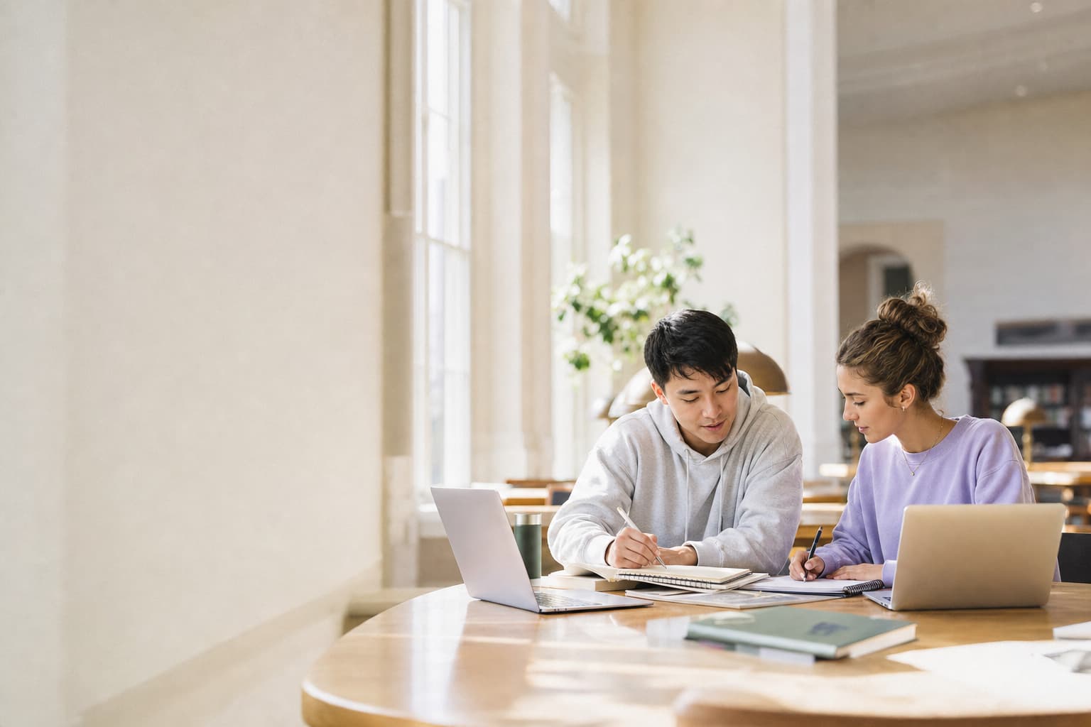 Two students studying together at a bright library table
